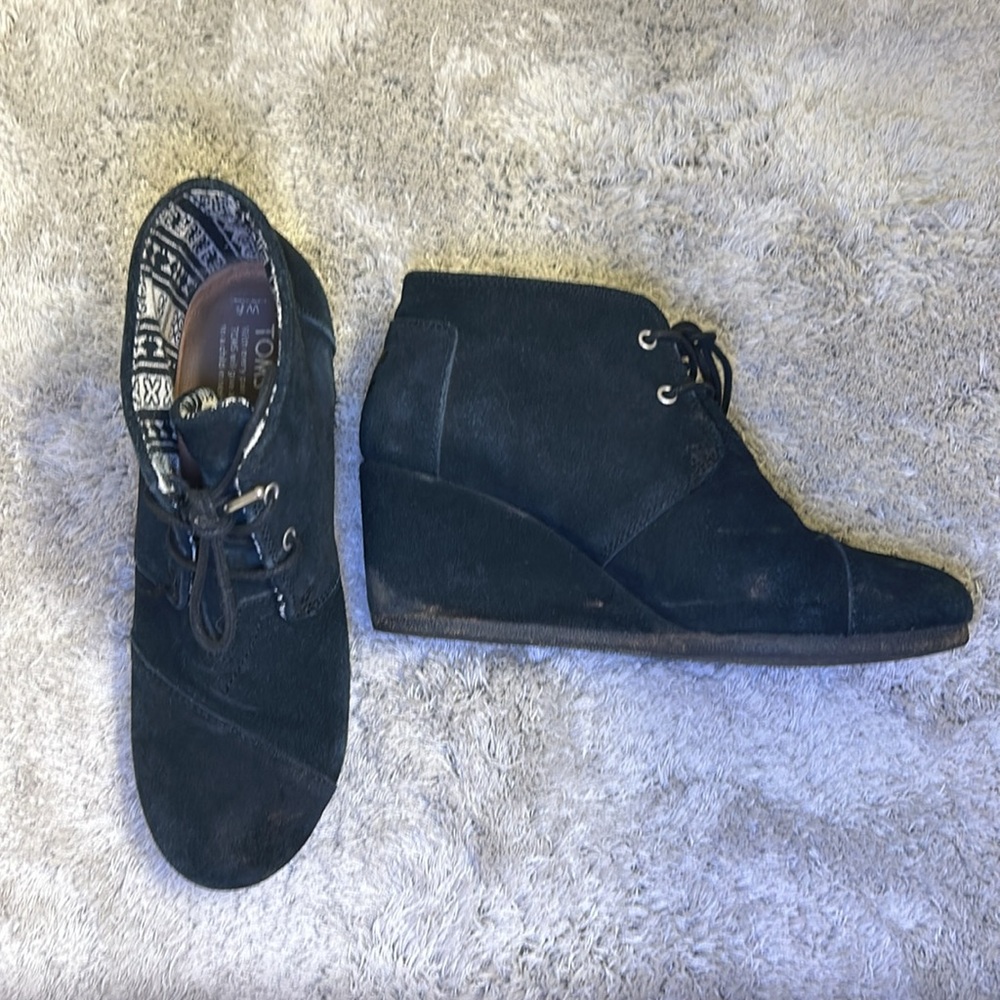 TOMS black wedges wedge bootie lace up
